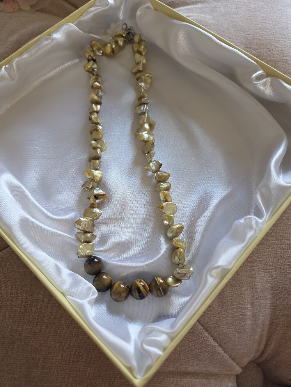 Handcrafted Golden Pearl and Tiger Eye Bead Necklace - Women Jewelry